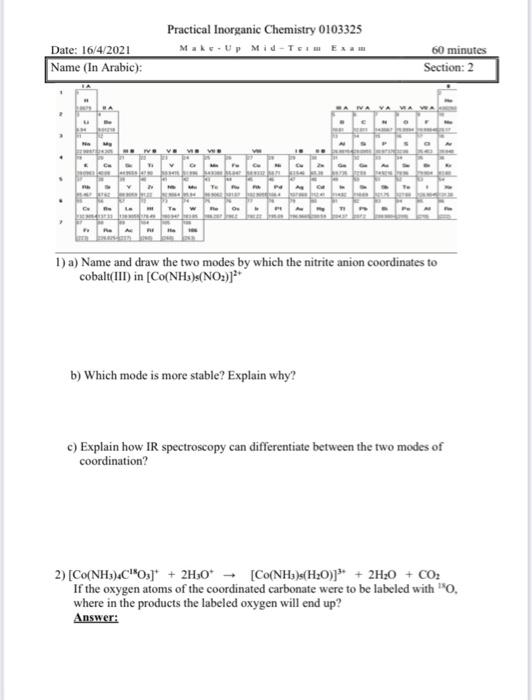 Solved Practical Inorganic Chemistry 0103325 Make-Up | Chegg.com