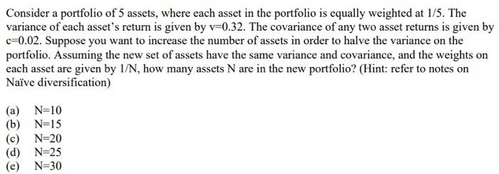 Solved Consider a portfolio of 5 assets, where each asset in | Chegg.com
