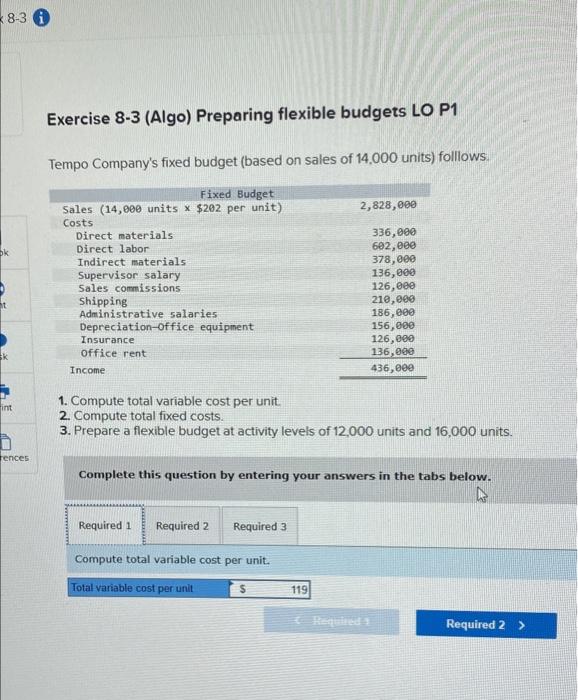 Solved 8-30 Exercise 8-3 (Algo) Preparing flexible budgets | Chegg.com
