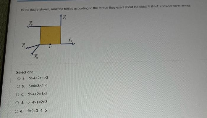 In the figure shown, rank the forces according to the torque they exert about the paint P (Hint consider loyer arms)
Select o