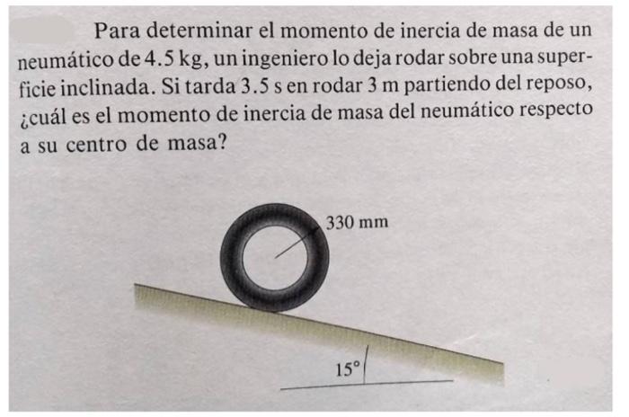 Para determinar el momento de inercia de masa de un neumático de \( 4.5 \mathrm{~kg} \), un ingeniero lo deja rodar sobre una