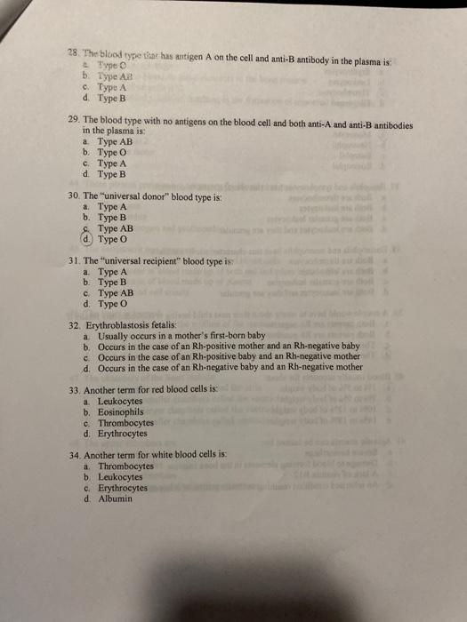 Solved 28. The blood type that has antigen A on the cell and | Chegg.com