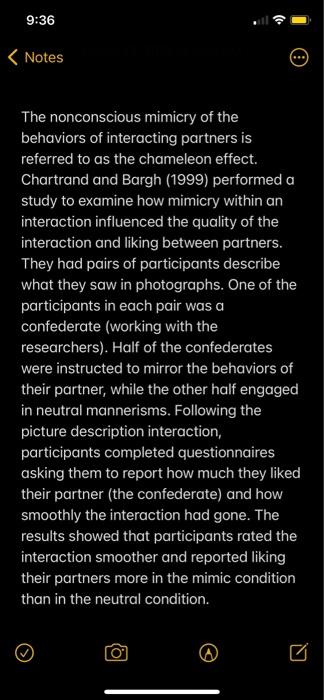 Solved 9:36 Notes The nonconscious mimicry of the behaviors | Chegg.com