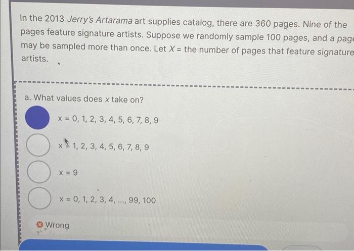 SOLVED: In the 2013 Jerry's Artarama art supplies catalog, there are 560  pages. 75 of the pages feature signature artists. Suppose we randomly  sample 7 pages. Let X = the number of