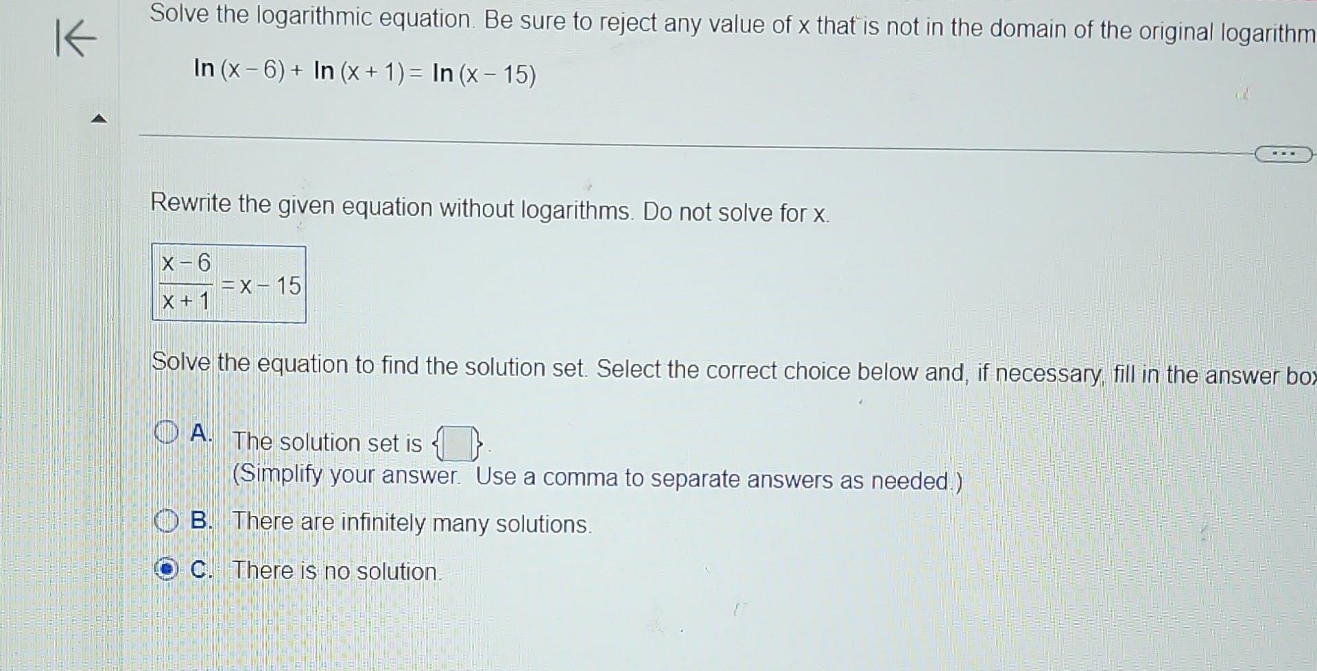 solved-solve-the-logarithmic-equation-be-sure-to-reject-any-chegg