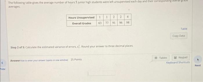 The following table gives the average number of hours 5 junior high students were left unsupervised each day and their corres