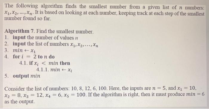 Solved The following algorithm finds the smallest number | Chegg.com