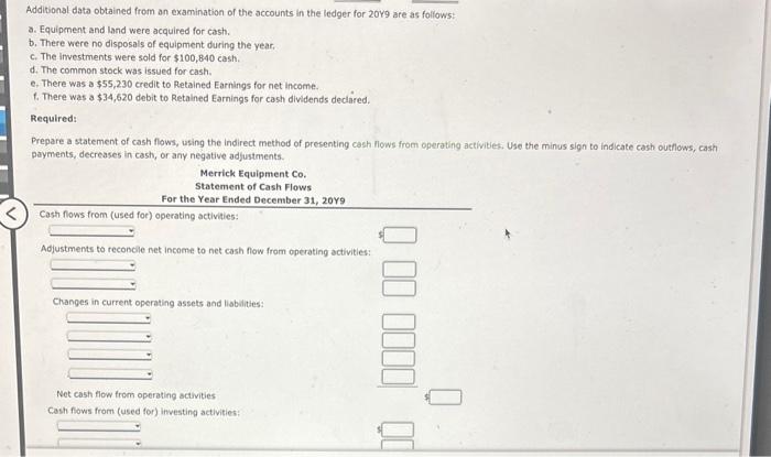 Additional data obtained from an examination of the accounts in the ledger for \( 20 y 9 \) are as follows:
a. Equipenent and