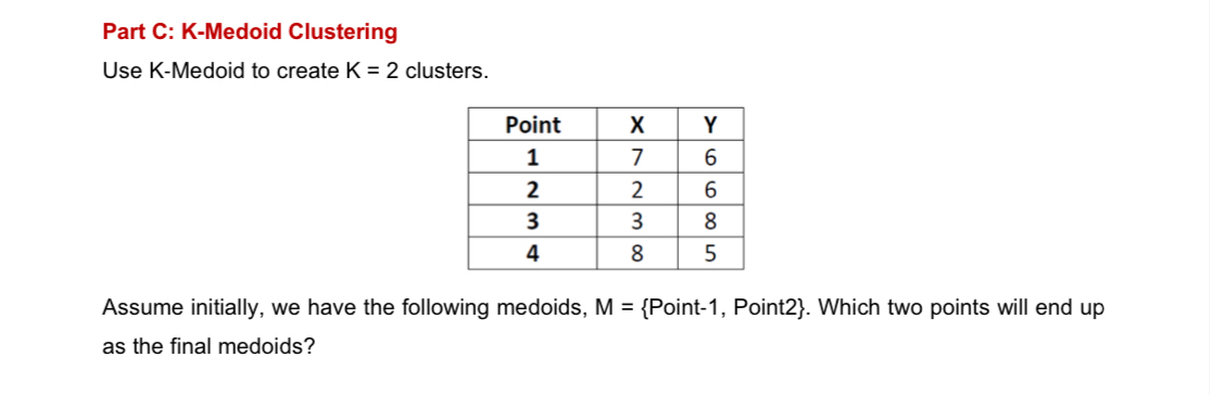 Solved Part C: K-Medoid ClusteringUse K-Medoid To Create K=2 | Chegg.com