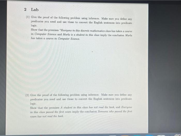 Solved 2 Lab (1) Give The Proof Of The Following Problem | Chegg.com