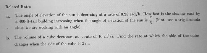 Related Rates a. The angle of elevation of the sun is | Chegg.com