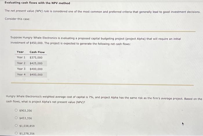 Solved Evaluating cash flows with the NPV method The net | Chegg.com