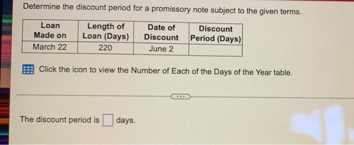 Determine the discount period for a promissory note subject to the given terms.
Loan
Date of
Length of
Loan (Days)
Discount
P