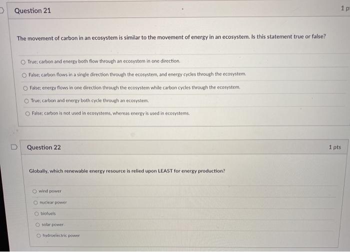 Solved > Question 21 1p The movement of carbon in an | Chegg.com