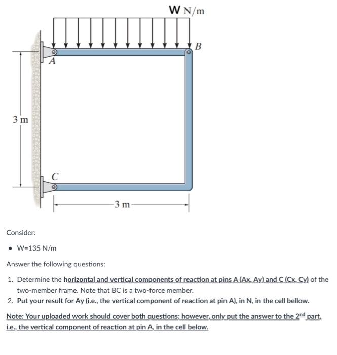 Consider:
- \( \mathrm{W}=135 \mathrm{~N} / \mathrm{m} \)
Answer the following questions:
1. Determine the horizontal and ver