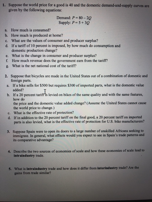 Solved 1. Suppose the world price for a good is 40 and the | Chegg.com