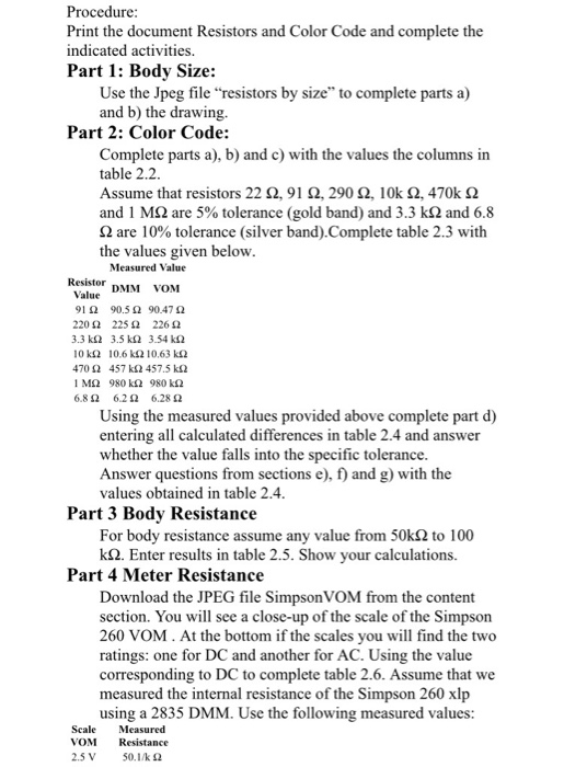 Procedure: Print the document Resistors and Color | Chegg.com