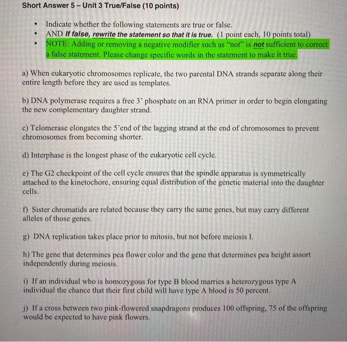 Solved . Short Answer 5 - Unit 3 True/False (10 points) | Chegg.com