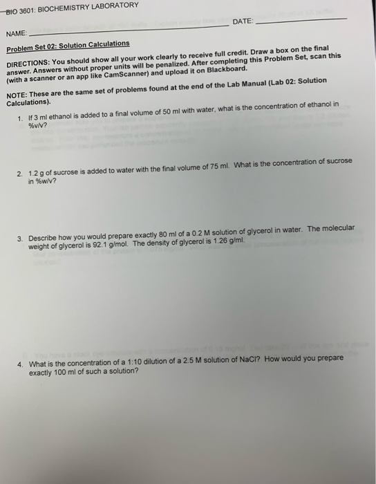 Solved BIO 3601: BIOCHEMISTRY LABORATORY DATE: NAME Problem | Chegg.com