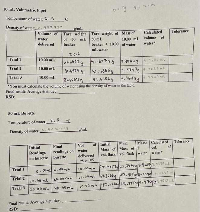 Solved 10 mL Volumetric Pipet D=vmV=D⋅m Temperature of