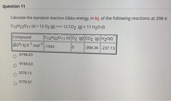 Solved Question 11 Calculate The Standard Reaction Gibbs