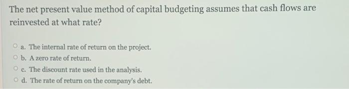 Solved The net present value method of capital budgeting | Chegg.com