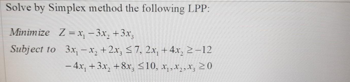 Solved Solve by Simplex method the following LPP: Minimize Z | Chegg.com