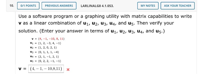 Solved 10. 0/1 POINTS | PREVIOUS ANSWERS LARLINALG8 4.1.053. | Chegg.com