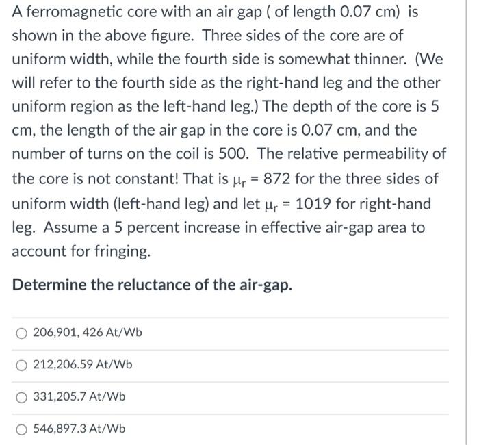 Solved A ferromagnetic core with an air gap ( of length 0.07 | Chegg.com