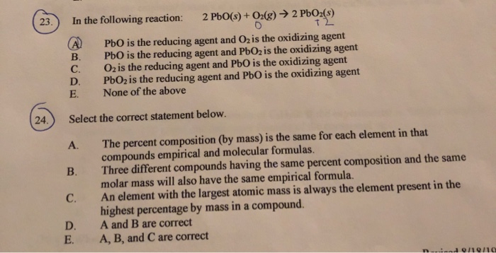 Solved 2 PbO(s)+O2(g)2 PbO2(s) T2 23. In the following | Chegg.com