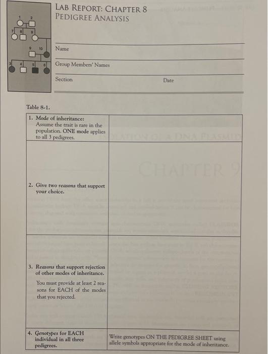 Solved LAB REPORT: CHAPTER 8 PEDIGREE ANALYSIS Table 8-1. 1. | Chegg.com