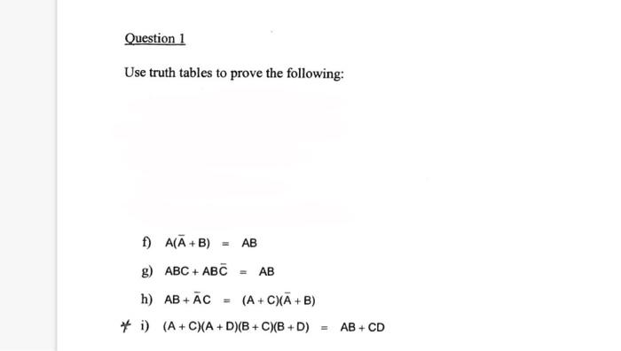 Solved Question 1 Use truth tables to prove the following: | Chegg.com