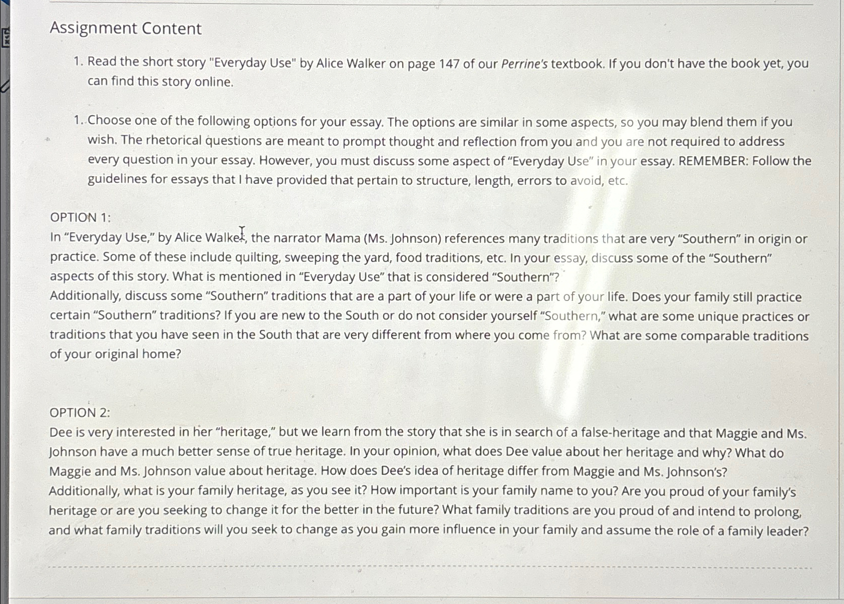 Assignment ContentRead the short story "Everyday Use"