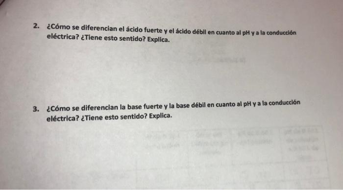 2. ¿Cómo se diferencian el ácido fuerte y el ácido débil en cuanto al pH y a la conducción eléctrica? ¿Tiene esto sentido? Ex