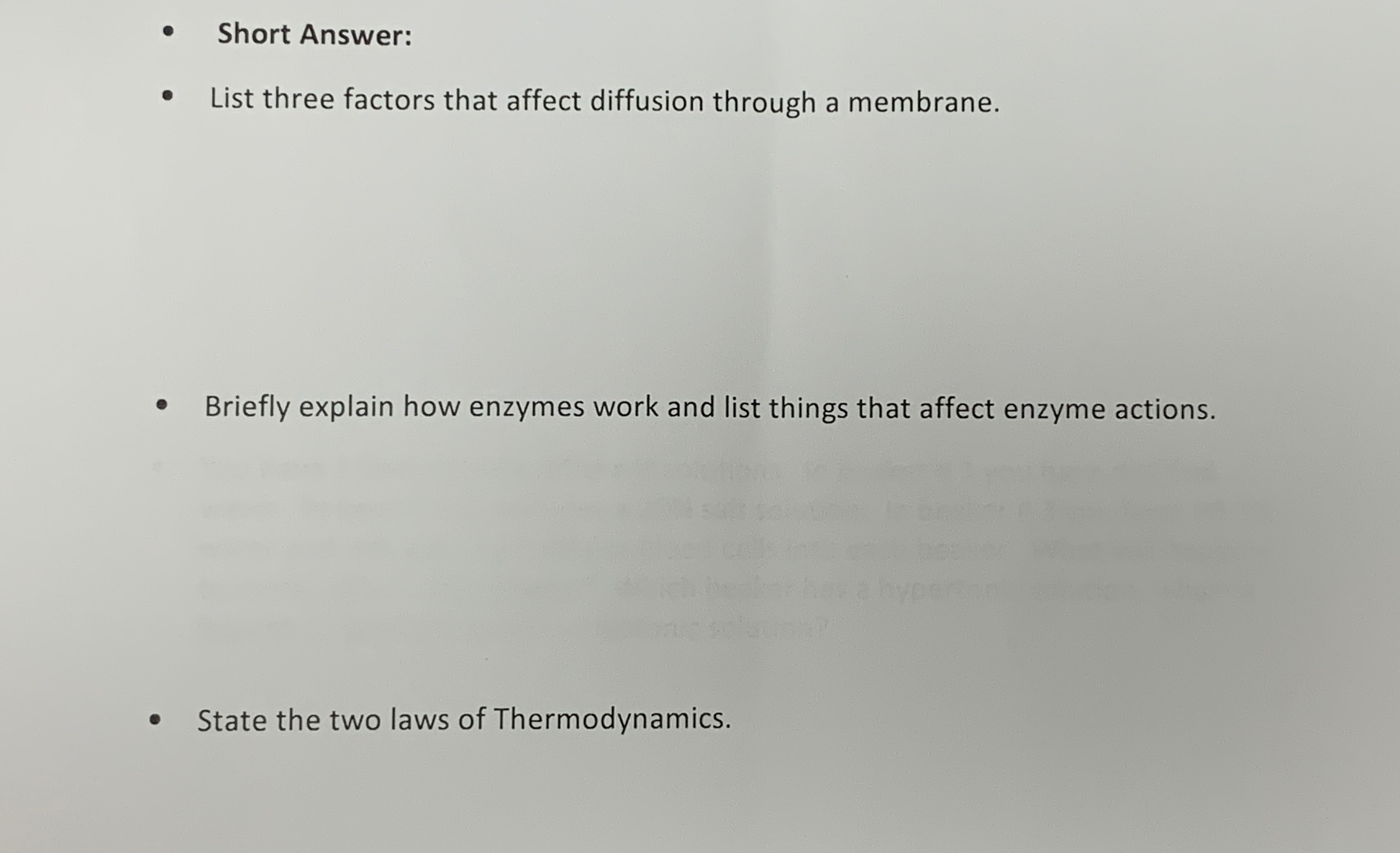 Solved Short Answer:List three factors that affect diffusion | Chegg.com