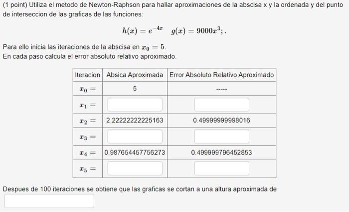 (1 point) Utiliza el metodo de Newton-Raphson para hallar aproximaciones de la abscisa x y la ordenada y del punto de interse