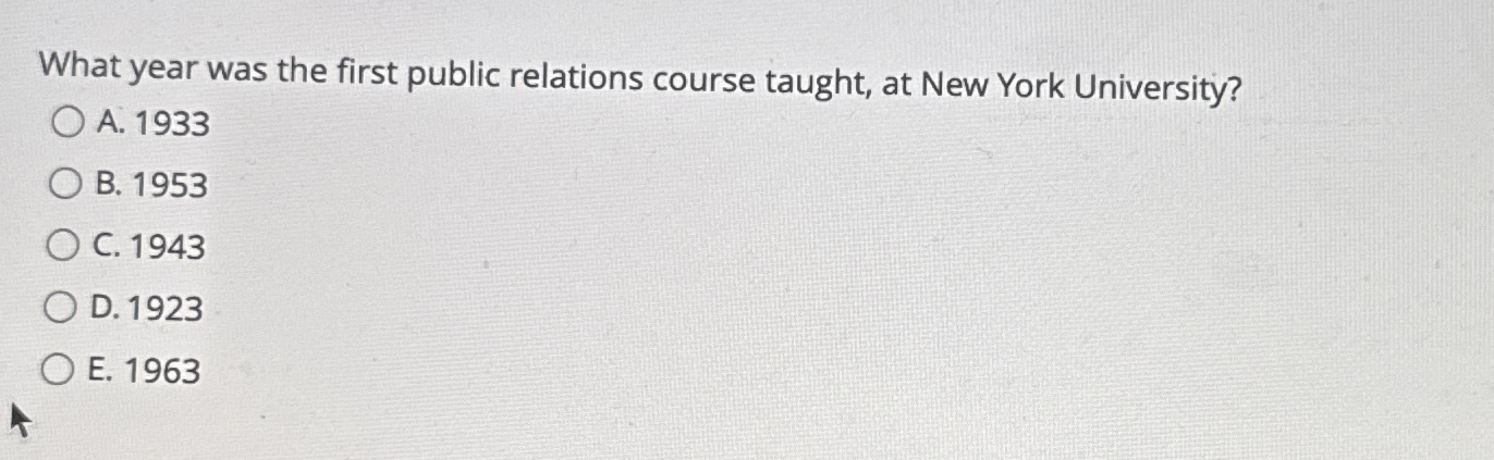 Solved What year was the first public relations course | Chegg.com