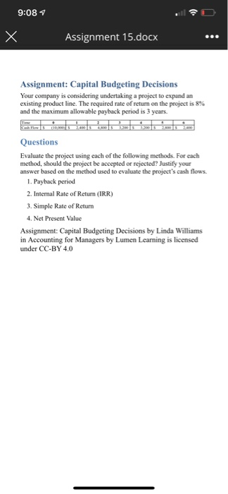 Solved 9:08 7 D Assignment 15.docx Assignment: Capital | Chegg.com