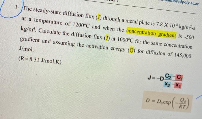 Solved Dpoly Ac Ae 1 The Steady State Diffusion Flux 1 Chegg Com