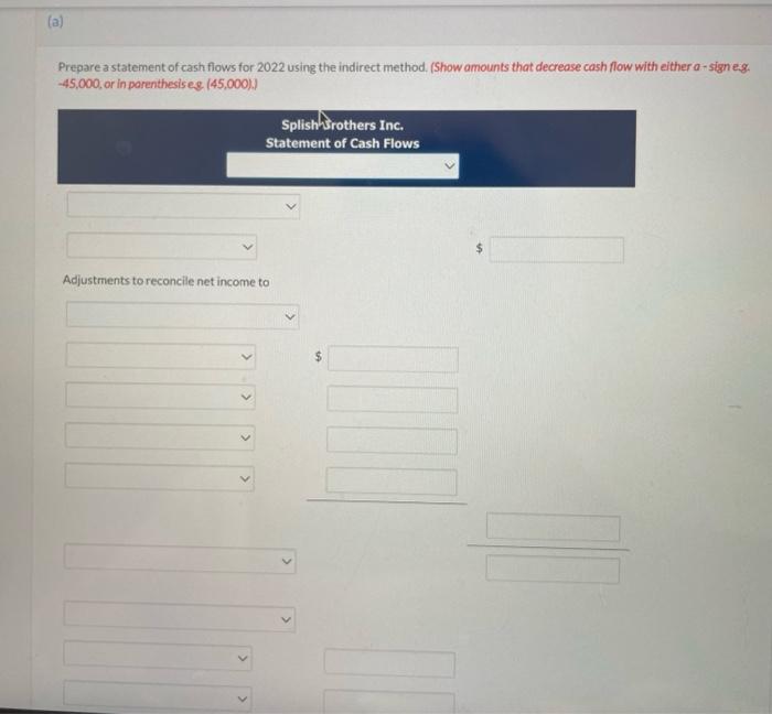 Prepare a statement of cash flows for 2022 using the indirect method. (Show amounts that decrease cash flow with either a-sig