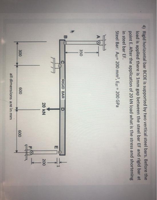 Solved 4) Rigid Horizontal Bar BCDE Is Supported By Two | Chegg.com