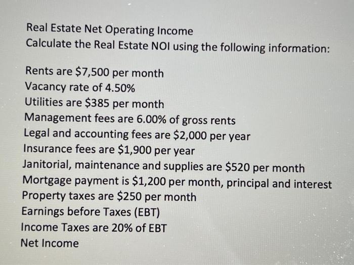 Solved Real Estate Net Operating Income Calculate the Real | Chegg.com