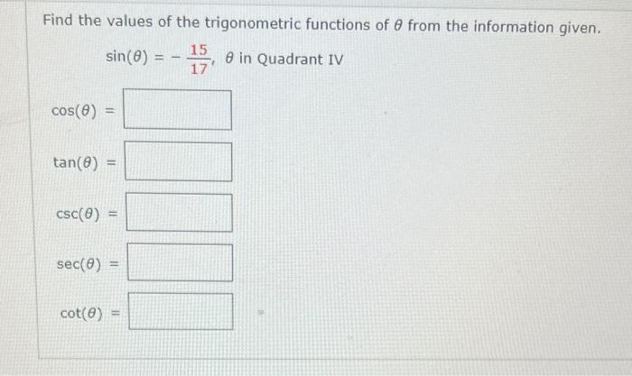 Solved Find the values of the trigonometric functions of θ | Chegg.com