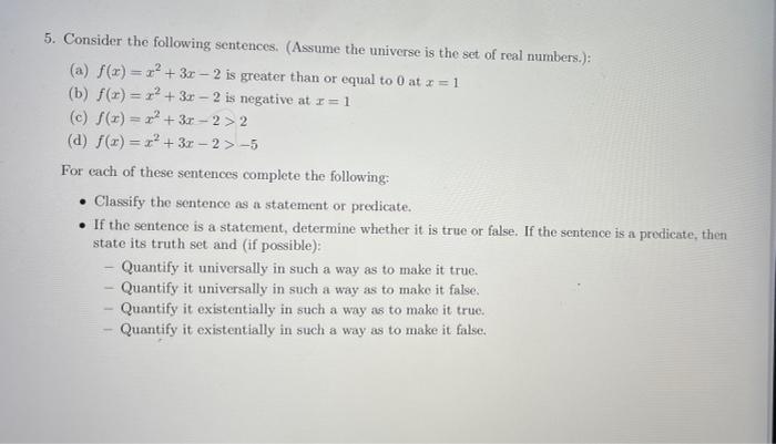 Solved 5. Consider the following sentences. (Assume the | Chegg.com