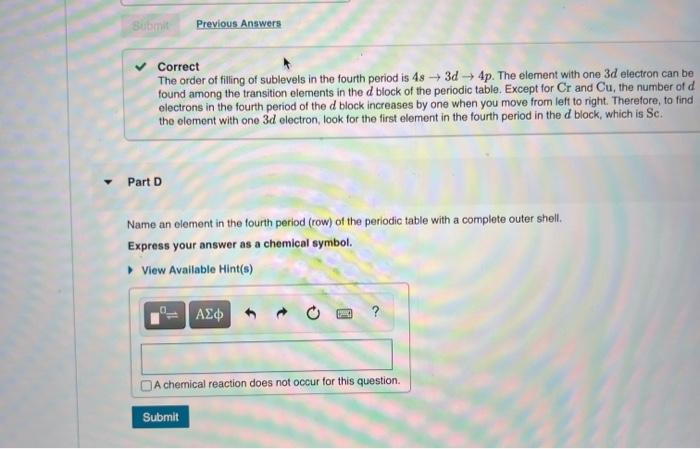 Solved Name an element in the fourth period row of the Chegg