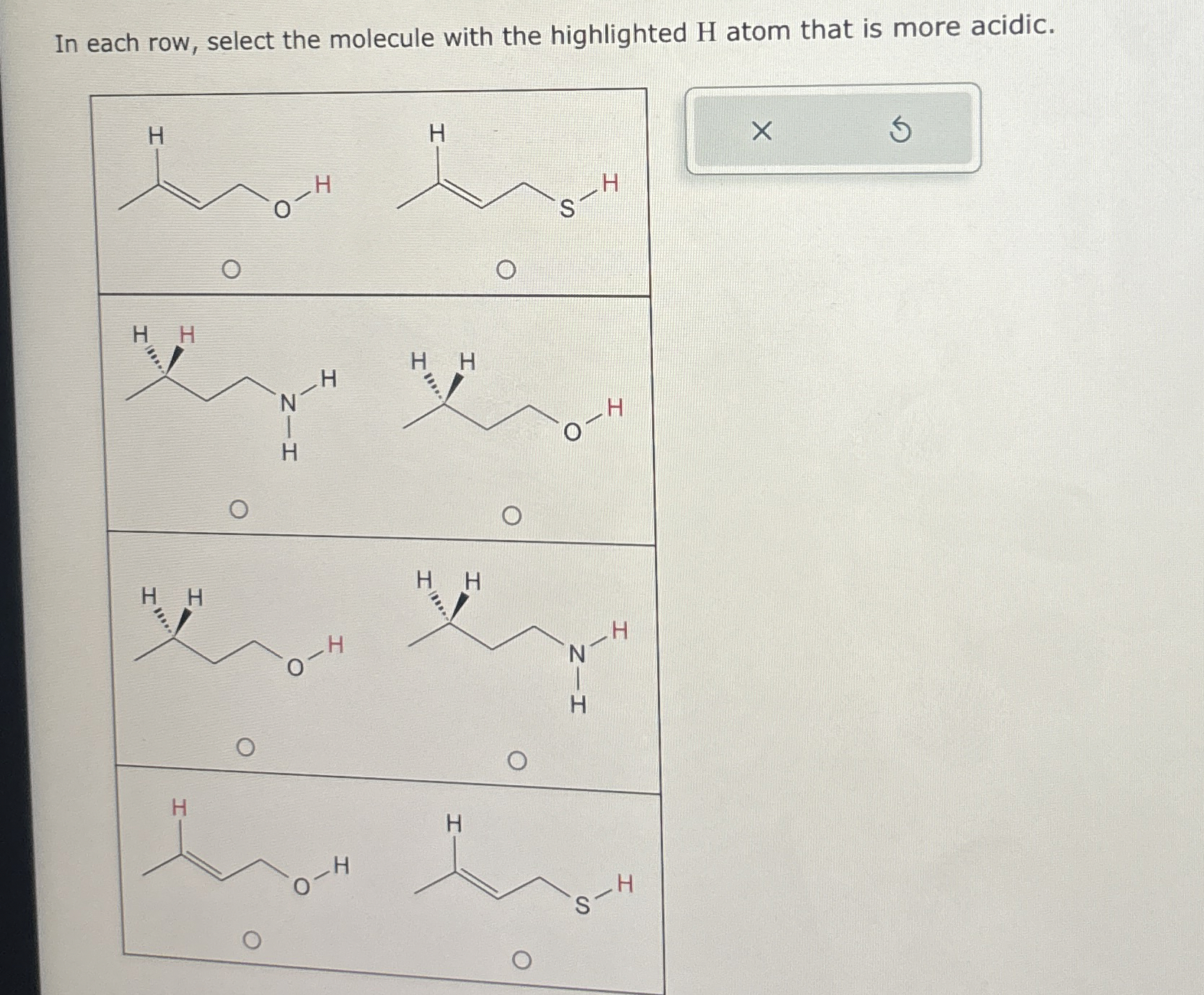 Solved In each row, select the molecule with the highlighted | Chegg.com