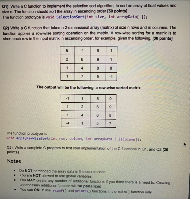 Solved Q1) Write a C function to implement the selection | Chegg.com