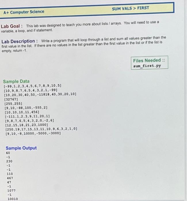 Solved SUM VALS > FIRST A+ Computer Science Lab Goal: This | Chegg.com