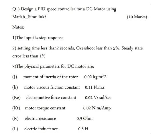 Solved Q1) Design a PID speed controller for a DC Motor | Chegg.com