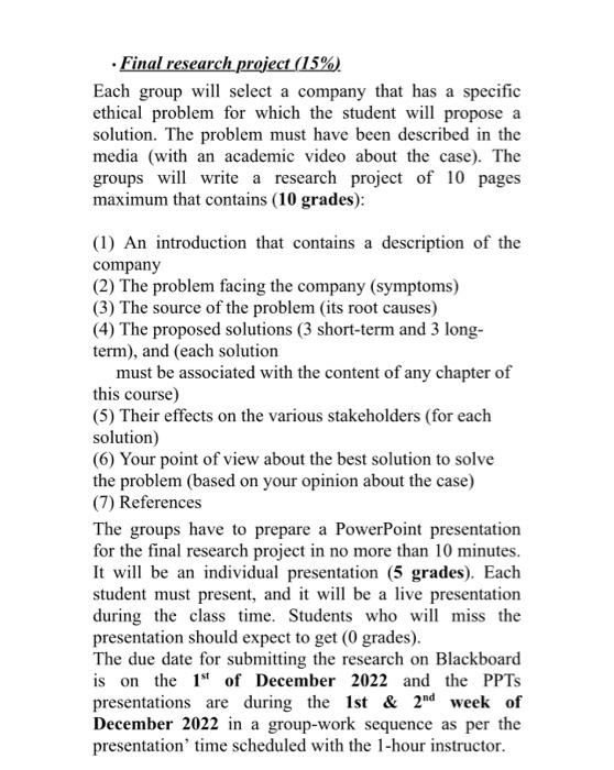 Solved - Final research project (15\%). Each group will | Chegg.com